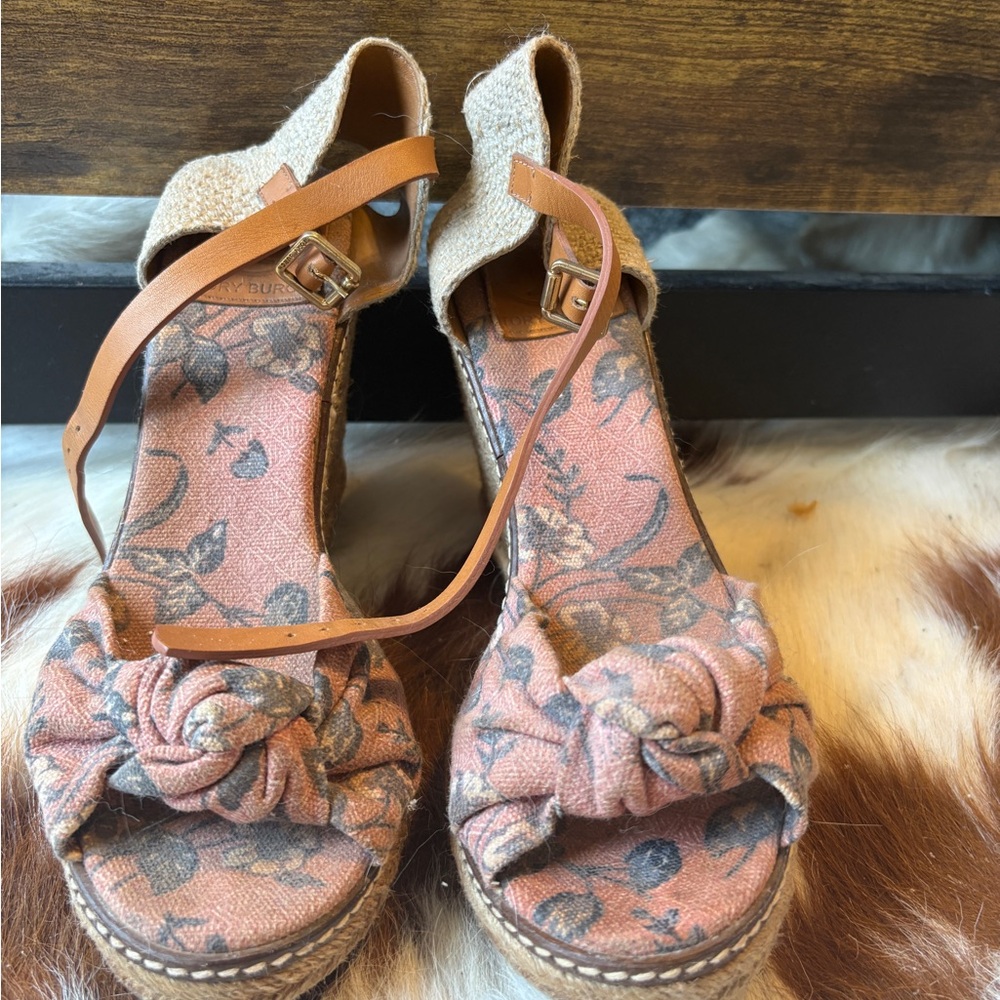 Tory Burch Pink Floral Wedge Heels
